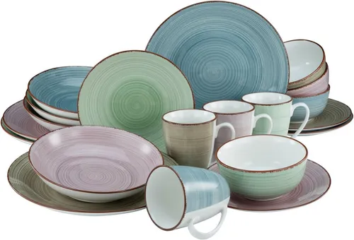 Creatable Kombiservice 20-tlg. SAMBA - Farbenfrohes Porzellan-Serviceset für gute Laune, mikrowellengeeignet und ideal für jeden Anlass. Enthält 20 Teile: Suppenteller, Dessertteller, Kaffeebecher, Mehrzweckschalen und Speiseteller.