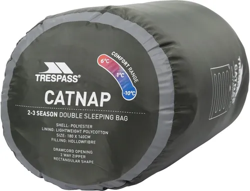 Trespass Catnap 3 Season Doble Schlafsack - Wasserabweisender Doppelschlafsack (180 x 140 cm) für 2–3 Jahreszeiten, ideal für Camping und Outdoor-Aktivitäten, bietet Komfort bis +13 Grad Celsius.