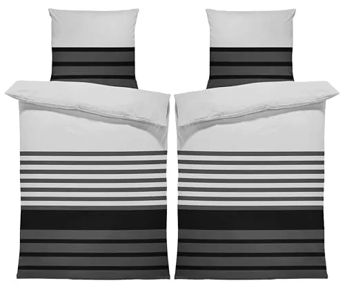 one-home Winter Biber Bettwäsche Baumwolle Kuschelig Flauschig Warme Weiche Flanell Bettbezüge Modern, Größe:4 teilig 135x200 cm, Farbe:Gestreift grau