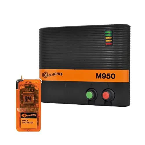 Gallagher Weidezaungerät/Netzgerät M950 (230V) + Voltmeter - Elektrozaun für Pferde, Rinder, Schafe, Rehe & Hirsche, Schweine, Wildschweine, Wölfe, Ziegen, Füchse - Geeignet für Weidezäune bis 125 km