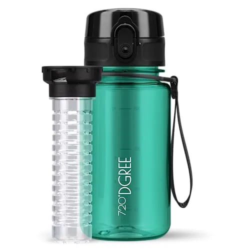 720°DGREE Kinder Trinkflasche 350ml “uberBottle“ crystalClear +Früchtebehälter - Auslaufsicher, BPA-Frei - Für Kindergarten, Schule, Mädchen & Jungs ab 3 Jahre - Kleine Wasserflasche - Stoßfest
