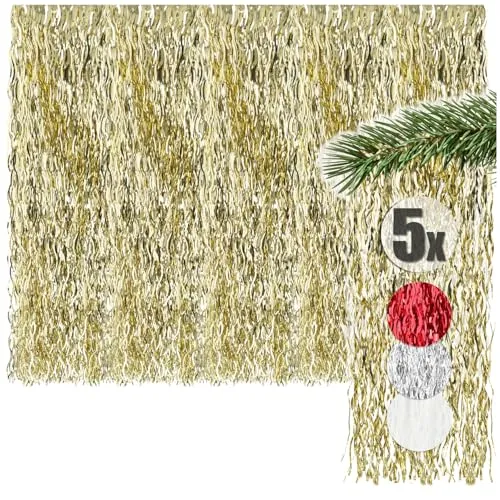 com-four® 5X Lametta - Goldfarbene Lametta Girlande für Weihnachten - Christbaumschmuck für den Tannenbaum - Lametta-Vorhang mit welligen Fäden (goldfarben - 05 Stück)