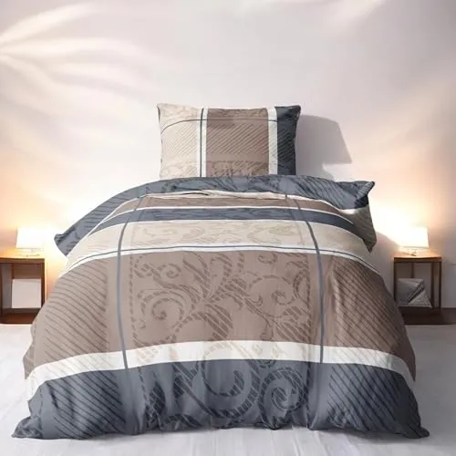 LINKHOFF Biber Bettwäsche Set 155x220 Taupe-Beige - Bettwäsche-Set aus 100% Baumwolle in Übergröße, atmungsaktiv und pflegeleicht mit Reißverschluss für einfachen Bezug. Modernes Paisley Design für ein stilvolles Schlafzimmer.