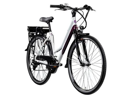 Zündapp E-Bike Trekking Z802 Damen 28 Zoll - E-Bike für Damen mit 21-Gang und 374 Wh Akku, ideal für Trekkingtouren und entspannte Fahrten in der Natur.