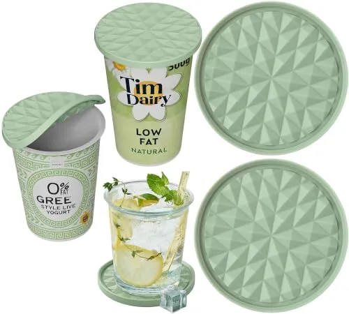 Wingcases Silikon Große Joghurt Deckel für Joghurtbecher 500g 2er-Set | Große 9,5cm, Mehrweg Organizer Küche, Reversibel zu Untersetzern, Glasabdeckung, Untersetzer für Gläser, Salbeigrün