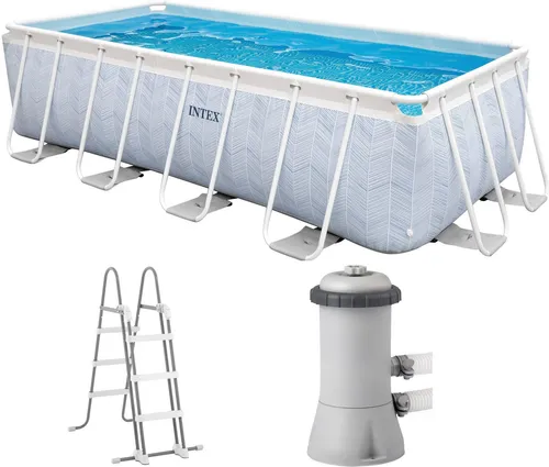 Intex Rechteckpool CHEVRON PRISM RECTANGULAR Set 3-tlg - Swimmingpools, rechteckiges Aufstellbecken mit 6836 l Füllmenge, inklusive Filterpumpe und Leiter für unbeschwerten Badespaß im eigenen Garten.