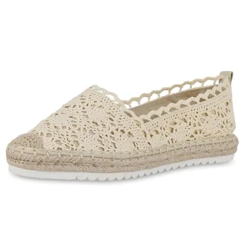 VAN HILL Damen Espadrilles Plateau Spitze Trendy Schuhe 215917 Beige 40