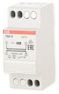 ABB TS 8/12 Klingeltransformator (2CSM228685R0812) - Sonstige SPS-Peripheriemodule, kompakter Klingeltransformator für zuverlässige Stromversorgung von Türglocken und Signalgeräten.