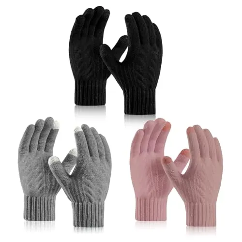 TUONYIS 3 Paar Handschuhe Damen Winter Gefüttert Strickhandschuhe,Thermohandschuhe Fleecefutter, Touchscreen Elastischer Für Indoor-Freizeitarbeit Oder Outdoor-Fahren Pendeln Einkaufen (Mehrfarbig)