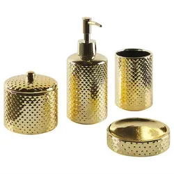Beliani Badezimmer Set in Gold, 4-teilig - Elegantes Badaccessoire-Set aus hochwertigem Dolomit, das Ihrem Badezimmer einen glamourösen Touch verleiht und gleichzeitig Ihre Kosmetikartikel stylish ordnet.