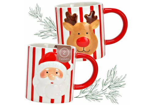 matches21 HOME & HOBBY Tasse Kaffeetassen 2er Set mit Nikolaus, Elch & Streifen rot-weiß, 2-tlg., Keramik, Weihnachts-Tassen aus Keramik 350 ml