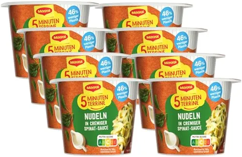 MAGGI 5 Minuten Terrine Nudeln in Spinat-Rahm-Sauce, leckeres Fertiggericht, Instant-Bandnudeln, Eiernudeln mit Käse & Zwiebeln, 8er Pack (8 x 50g)