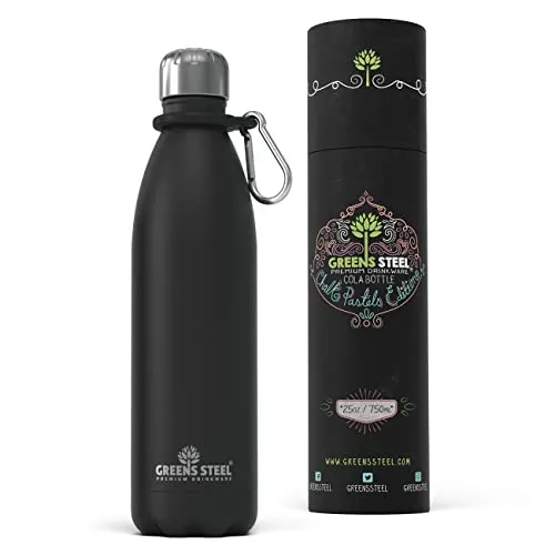 Greens Steel Edelstahl Trinkflasche - 750 ml, Schwarz I Doppelwandige vakuumisolierte Wasserflasche I Mit Karabiner & Geschenkbox I Wiederverwendbar & auslaufsicher für Erwachsene & Kinder, BPA frei