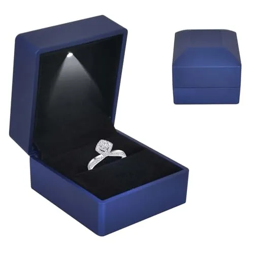 Colexy Ring Box mit LED-Licht, LED-Ringbox Beleuchtete, Samt Schmuck Geschenkbox mit LEDs-Innenbeleuchtung, Schmuck Präsentationsbox, für Verlobung Heiratsantrag Hochzeit, 5.8 * 6.3 * 5cm, Blau