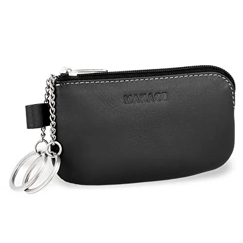 MANAGE Leder Schlüsseletui Schwarz mit Münzfach und Schlüsselring - Schlüsselmäppchen mit Reißverschluss Damen und Herren für Schlüssel Autoschlüssel - keychain Schlüsseltasche Schwarz