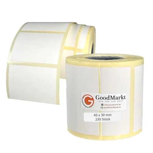 GoodMarkt Thermodirekt Etiketten selbstklebend | 40x30 mm 1 Rolle, weiß, 230 Etiketten | Kompatibel mit Brother, Zebra| Haushaltsetiketten, Barcodeetiketten, Marmeladenetiketten