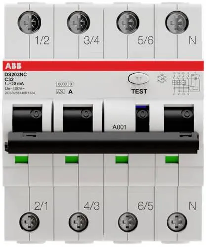 ABB RCBO DS203NC FI/LS-Schalter 32A, 4-polig, Typ C - FI-Schutzschalter mit 30mA Empfindlichkeit, bietet zuverlässigen Schutz vor elektrischen Fehlern und ist ideal für die DIN-Schienen-Montage.