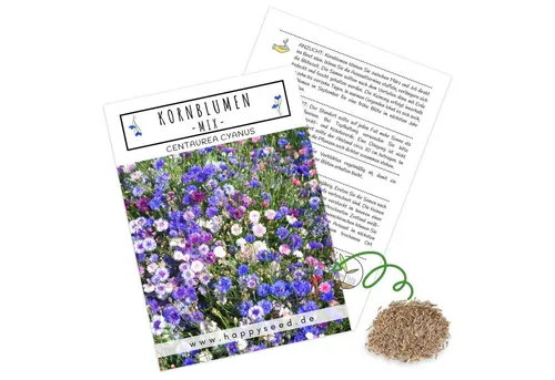 HappySeed Blumensamen Kornblumen Samen (Centaurea cyanus) - Mix, 1000 Korn, 80 cm, Kornblumen