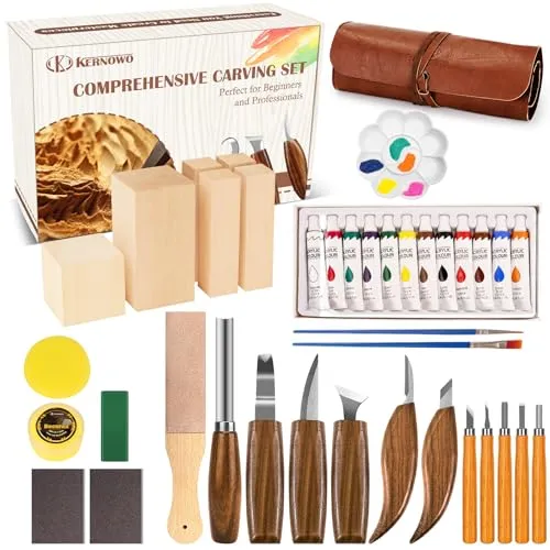 Holzschnitzwerkzeuge,41-teiliges Holzschnitzerei-Set mit PU-Aufbewahrungstasche Holzschnitzset mit 11 Holzschnitzmessern, PU-Tasche, Schnitzholz, Schnitzmesser Erwachsene mit Farben