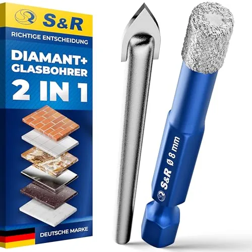 S&R Professional 2-tlg Set 8 mm Diamantbohrer, Diamant Fliesenbohrer und Karbid Glasbohrer, Keramikbohrer, für Harte Keramik, Granit, Glas, Porzellan, Fliesen, Feinsteinzeug, Marmor, in robuster Box