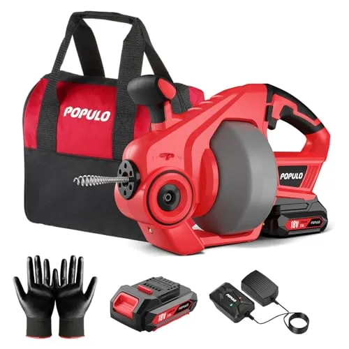 POPULO Akku-Rohrreiniger 7,6m - Effiziente Rohrreinigung ohne Klempner - Rohrreinigungswellen mit 18V Akku, ideal für verstopfte Abflüsse von 18-65mm. Flexibel und leistungsstark, spart Zeit und Geld mit automatischem Vorschub und LED-Arbeitslicht.