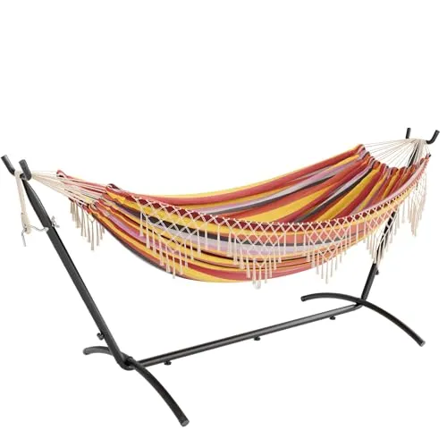 Mondeer Hängematte mit Gestell für 2 Personen - Verstellbare Doppelhängematte im Boho-Stil - Elegante Doppelhängematte im Boho-Stil mit robustem Gestell für entspannte Stunden im Garten oder auf der Terrasse. Höhenverstellbar für individuellen Komfort und einfach zu transportieren. Ideal für unvergessliche Momente zu zweit.