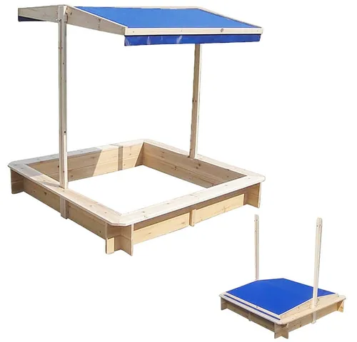 Mucola Sandkasten 120x120 mit verstellbarem Dach - Quadratische Sandkiste aus Fichtenholz mit absenkbarem Sonnendach, ideal für Kinder ab 3 Jahren. Einfacher Aufbau und 2 Jahre Herstellergarantie.