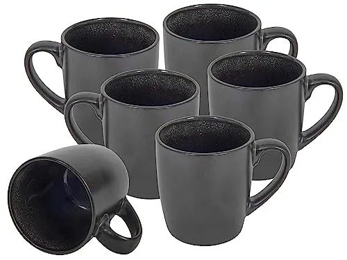 Kaffeebecher 6er Set je 350 ml - schwarz metallic/innen glänzend - Kaffeebecher mit Henkel - Tee Becher Kaffee Tasse aus Porzellan spülmaschinenfest
