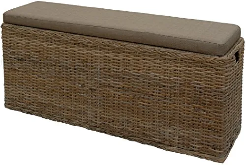 Korb-Outlet Sitztruhe aus Natur-Rattan mit gepolstertem Sitz - Sitzbank mit Wäschefach aus handgefertigtem Rattan, ideal für Bad und Flur. Mit herausnehmbarem Inlett und stilvollem naturgrauem Design.