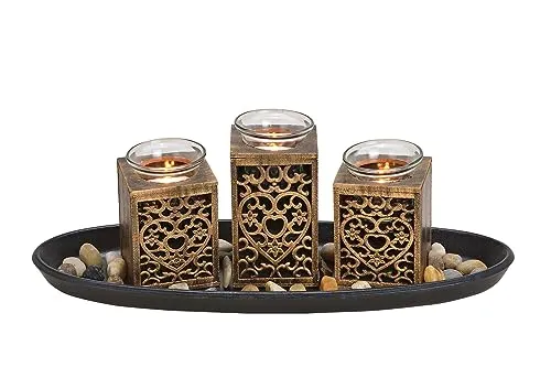 Teelichthalter Dekoset 8-teilig mit Tablett - schwarz/Gold - Tischdeko Set inklusive Steine - Kerzen Tablett Teelicht Halter Tisch Deko Landhaus inklusive Kies