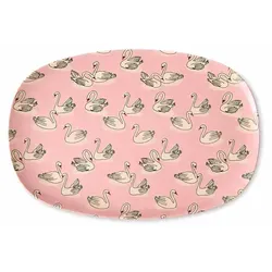 RICE ovaler Melaminteller Swan Print Pink 30 cm – rosa Melaminplatte - Rosa