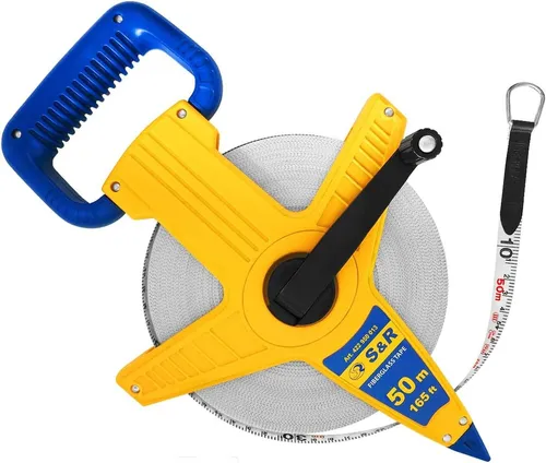 S&R Maßband Fiberglas 50 METER - Beidseitig markiert mit Kurbel - Messwerkzeuge, 50 m Fiberglasmaßband mit ergonomischer Kurbel für müheloses Ein- und Ausrollen, ideal für präzise Messungen.