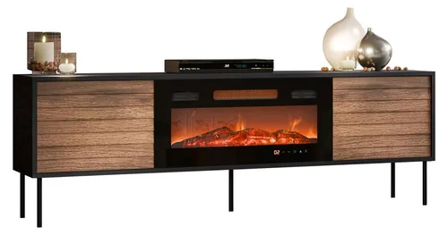 Mirjan24 TV-Lowboard Cuird 180 EF mit Elektrischem Kamin - TV-Halterung mit realistischem LED-Kamin, Heizfunktion regulierbar von 16-28 °C, griffloses Öffnungssystem und elegante schwarze Stahlfüße für ein modernes Ambiente.