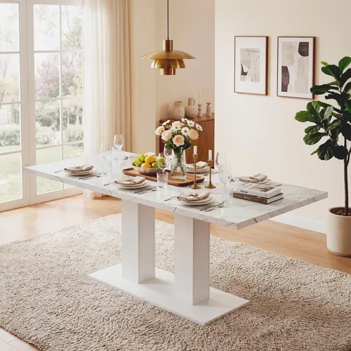 okwish Ausziehbarer Esstisch Rechteckig Weiß - Flexibler Esstisch mit Ausziehfunktion von 140 cm auf 180 cm, ideal für 4-8 Personen. Robuste, 30 mm dicke Tischplatte sorgt für Stabilität und zeitloses Design passt in jede Umgebung.