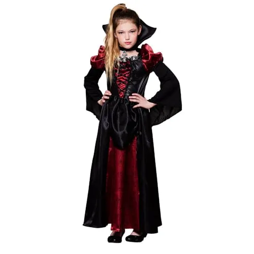 Boland Vampir Königin Kostüm - Kostüm für Kinder, bestehend aus einem schwarz-roten Kleid mit Kragen und Halskette, ideal für Halloween oder Mottopartys, Größe 110/128 für 4-6 Jahre alte Kinder.