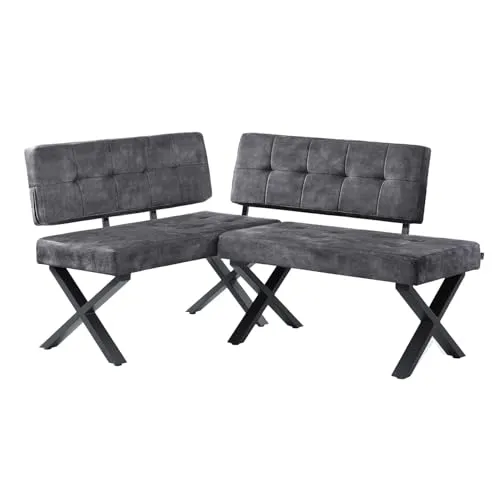B&D home® Eckbank EKA L-Kombi 100x156 cm – modulare Esszimmerbank mit Lehne, beidseitig montierbar (Links/rechts), Kufen-Metallgestell, pflegeleichter Bezug in Anthrazit