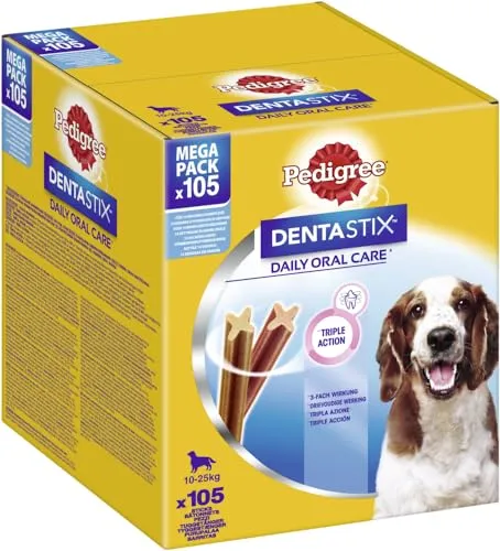 Pedigree Dentastix Kaustange Zahnpflege für Hunde 105g - Mundhygiene: Effektiver Zahnpflegesnack in Stangenform für mittelgroße Hunde, unterstützt die Zahnreinigung und sorgt für frischen Atem.