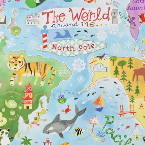 Geschenkpapier 70cm x 2m Rolle Weltkarte - Geschenkpapierrolle mit Tieren & Wahrzeichen - Kinder Geschenkpapier für Geburtstag, Schule, Entdecker & Weltreisende - Verpackungspapier - Bunt