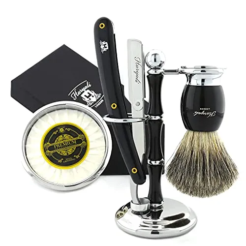 Haryali London Rasiermesser Set - 5-teiliges Set für perfekte Handrasur - Handrasursets für Herren: Hochwertiges, nachhaltiges Rasierset mit veganem Rasierpinsel und Geschenkbox aus Holz für ein luxuriöses Rasiererlebnis.