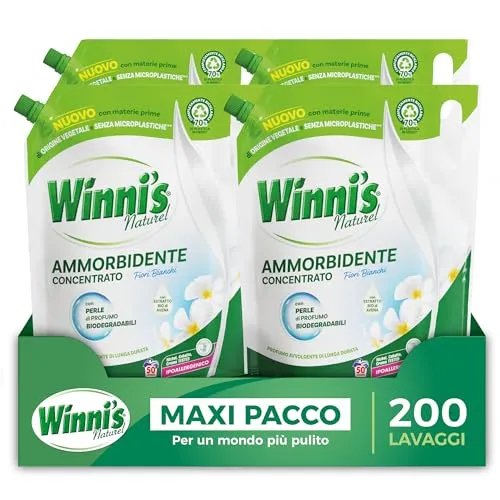 Winni's - Weichspüler, hypoallergen, Konzentrat, Ecoformat, 200 Waschgänge, Duft weiße Blumen, mit biologisch abbaubaren Duftperlen, 1250 ml x 4 Packungen