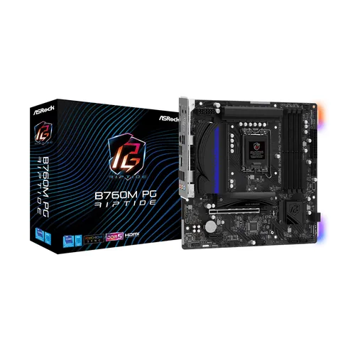 ASRock B760M PG Riptide Mainboard - mATX Sockel Intel 1700 - MicroATX Mainboard mit DDR5 Unterstützung, ideal für Gaming und leistungsstarke Systeme, ausgestattet mit vielseitigen Anschlüssen wie HDMI und USB-C.