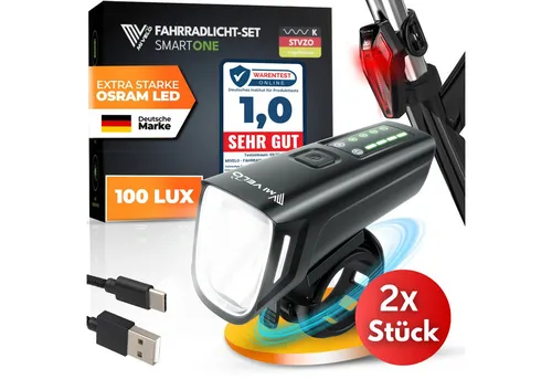MIVELO Fahrradbeleuchtung SMART Fahrradlicht Set LED 100 LUX - Akku USB aufladbar
