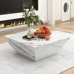 Trommel-couchtisch 70x70x37 Cm, Trapezförmiges Design In Weißer Marmoroptik, Modern Für Wohnzimmer