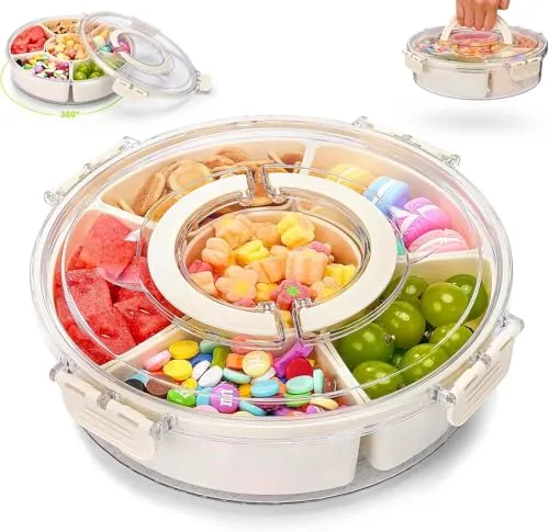 Luxoraiova Große Snack Aufbewahrungsbox Drehbar Box, Snackbox mit Fächern,Rund Snackbox Drehbar mit Deckel und Griff,Snackteller Snacktablett Snackdose Organizer für Süßigkeiten Obst Kekse (27x27x8CM)