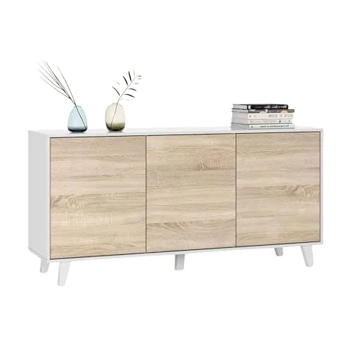Habitdesign Zaiken Plus Sideboard – modernes Hochglanz Buffet in Weiß & kanadischer Eiche mit 3 Türen
