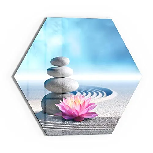 DEQORI Glasbild Echtglas | Motiv Motiv eines Zen-Gartens | sechseckig einteilig 40x34,5 cm | schöne Dekoration | Wandbild für Wohnzimmer, Schlafzimmer, Flur & Küche | moderne Wanddeko