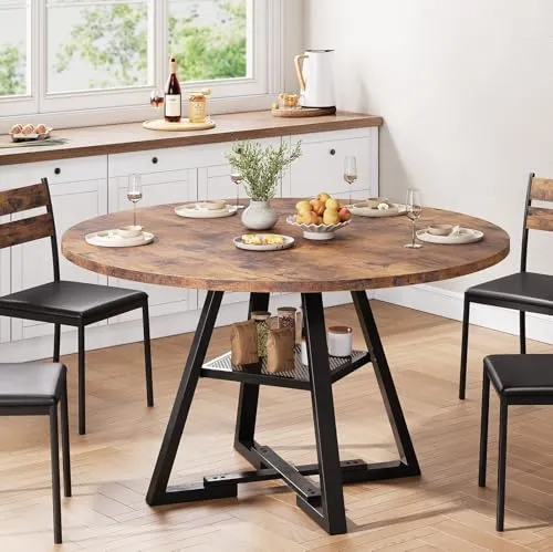 Jocoevol Esstisch Runder für 4 Personen, Esszimmertisch mit Ablage, platzsparender Küchentisch aus Holz im Industrial Design (Vintage Braun, 120x120x76cm)