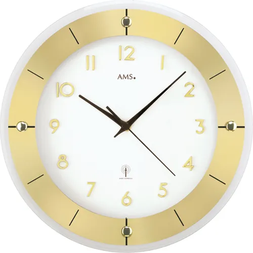 AMS Wanduhr 5850 Funkuhr - Elegante Aluminium-Uhr mit messingfarbenem Rahmen - Wohnaccessoires mit modernem Design: Diese 31 cm große Funkuhr bietet eine automatische Zeitstellung und eine edle Ziffernblattabdeckung aus Mineralglas.