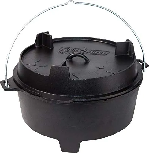 Grillfürst Dutch Oven ca. 12 Liter - stabil stehender Feuertopf durch speziell entwickelte T-Füße, hitzebeständiger Gusseisen Topf, Deckel als Pfanne nutzbar, DO 12