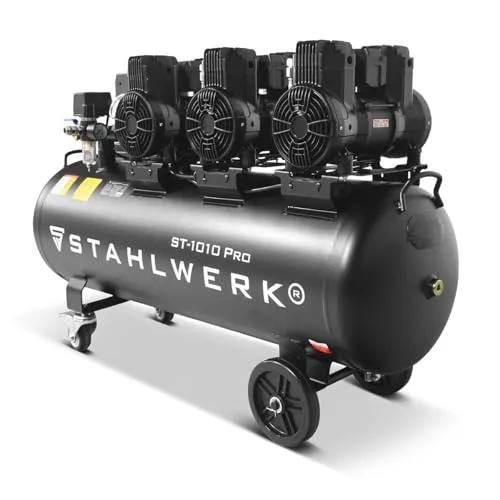 STAHLWERK Kompressor ST-1010 Pro – 120 L, ölfrei & leise - Kompakter 120-Liter Flüsterkompressor mit 10 bar Druck, ideal für Druckluft-Werkzeuge. Langlebiger Brushless-Motor sorgt für hohe Effizienz und minimalen Wartungsaufwand.